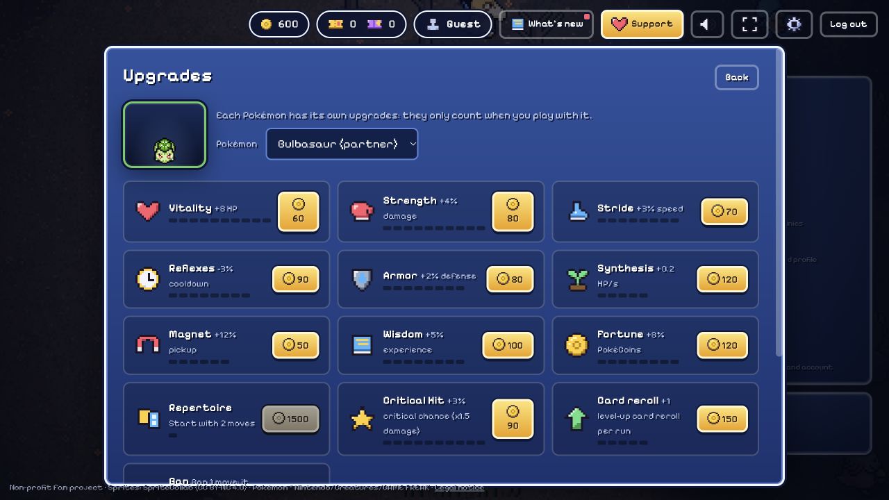 Permanent Upgrades menu with improvements and coin prices