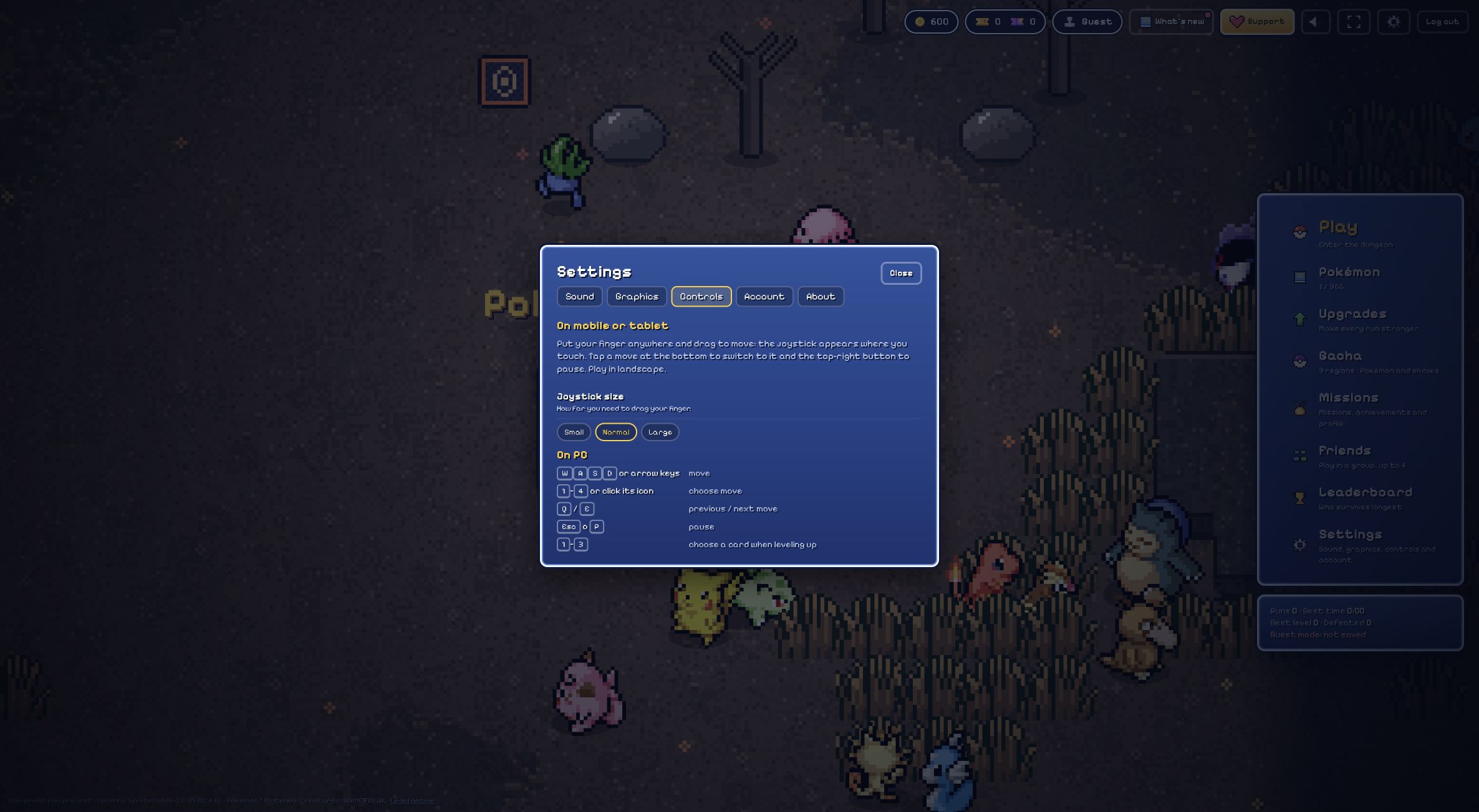 Original Settings Controls screen showing keyboard and touch instructions
