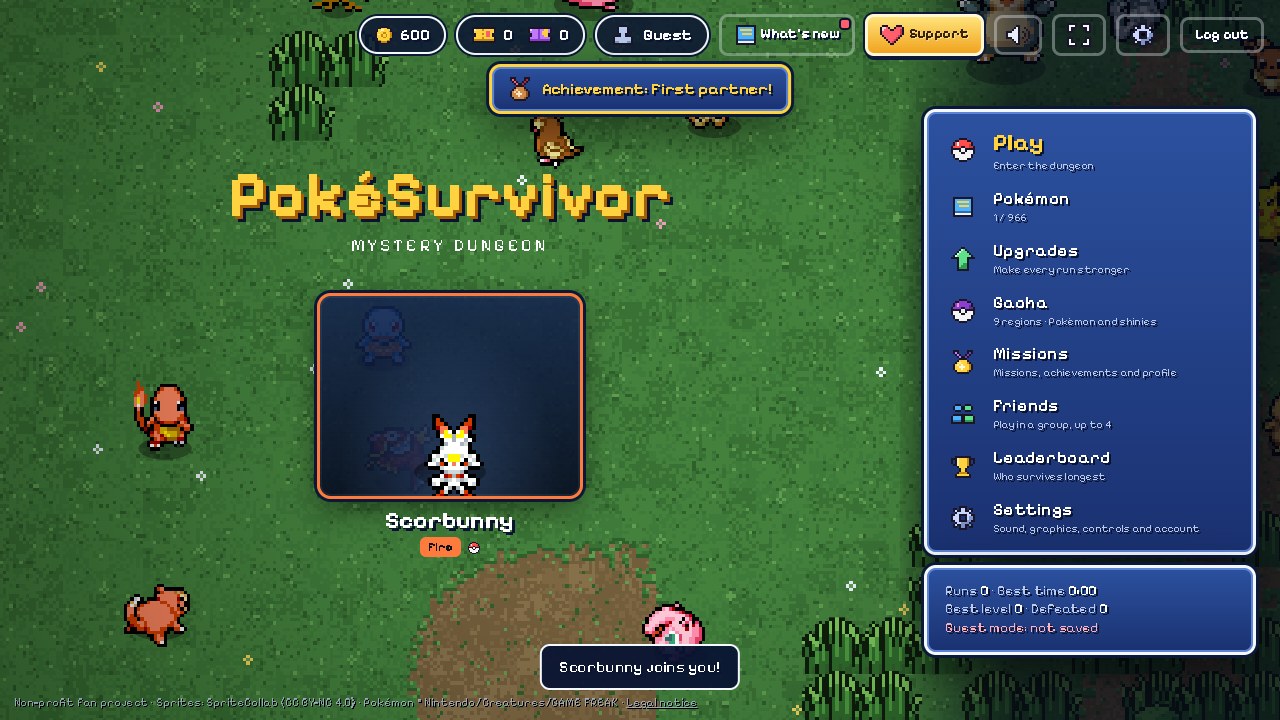 Original guest main menu with Gacha entry, an ordinary starter and the not-saved warning