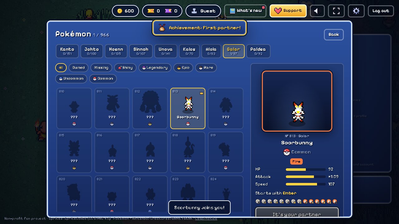 Actual Galar collection with one owned normal Scorbunny and other species locked