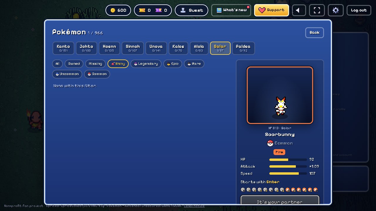 The original Pokémon collection with the Shiny filter selected and no matches for a fresh guest