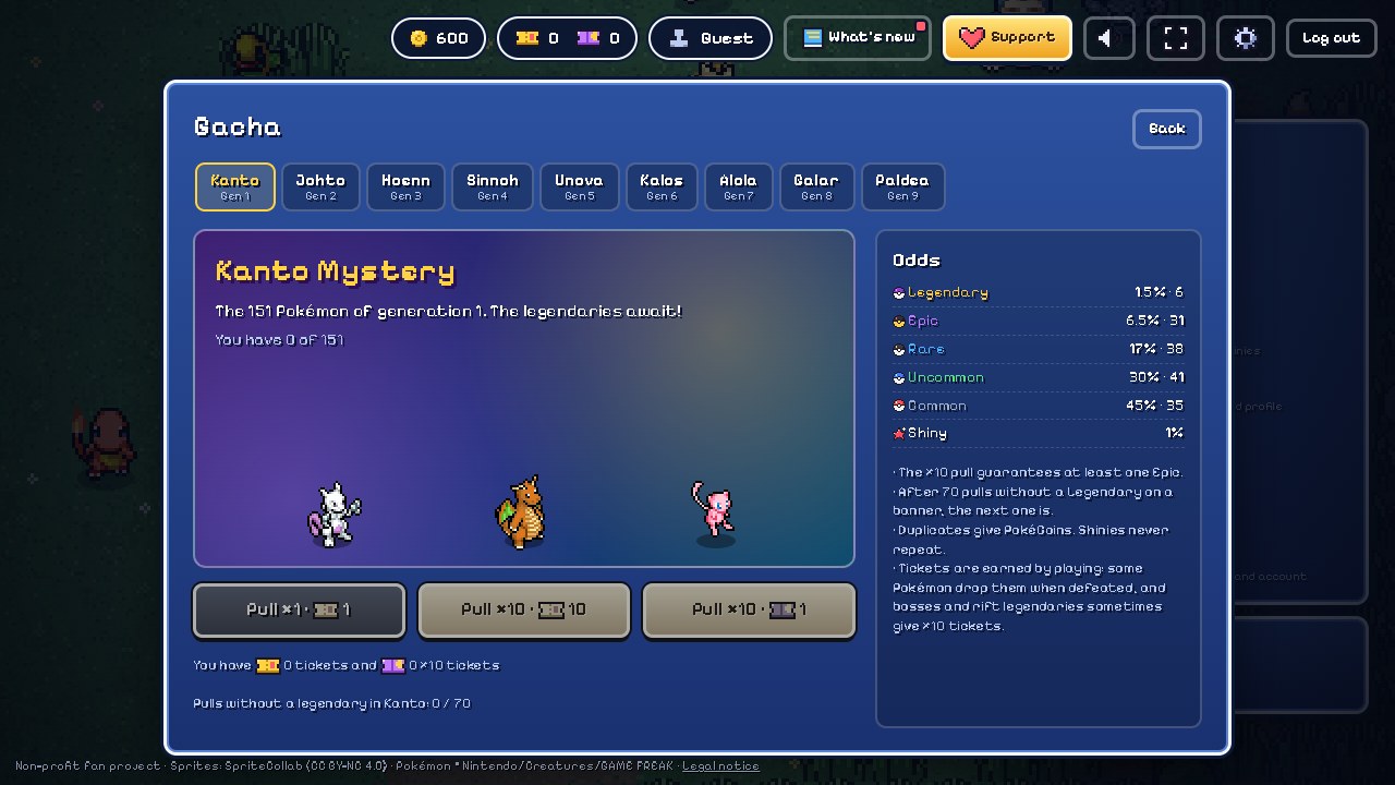 Actual Kanto gacha banner showing regional rarity rates, pool sizes and a zero-ticket balance