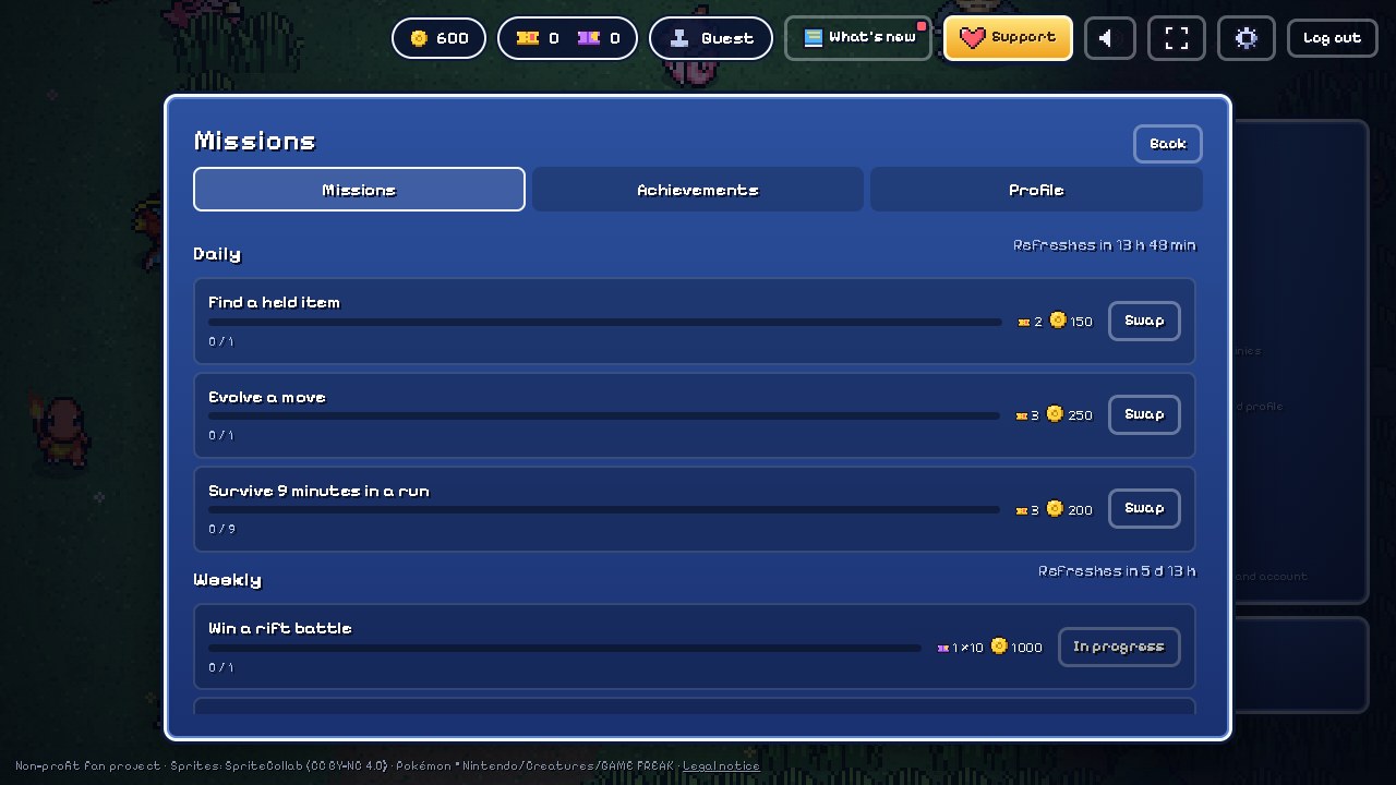 Actual Daily and Weekly missions displaying ordinary ticket and ×10 ticket rewards